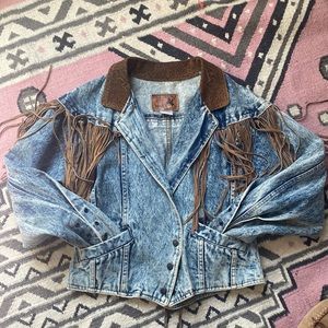 The most incredible acid wash denim jacket with leopard suede fringe